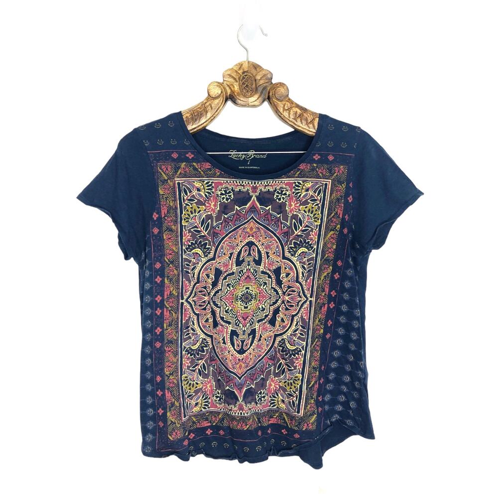 Lucky Brand Mandala Graphic Print Cotton Tee Navy Blue Short Sleeve Large